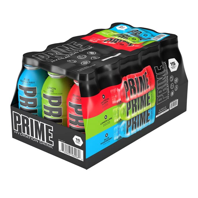 Prime 15pk 16.9oz Variety Pack Box (850003560960) Tropi Punch (850003650441) Lemon Lime (850003560410) Blue Rasp (850003560458)