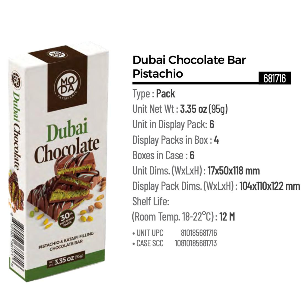 Dubai Chocolate 12pk 95g 3.35oz Pistachio & Kataifi Filling Chocolate Bar Box (810185681716)