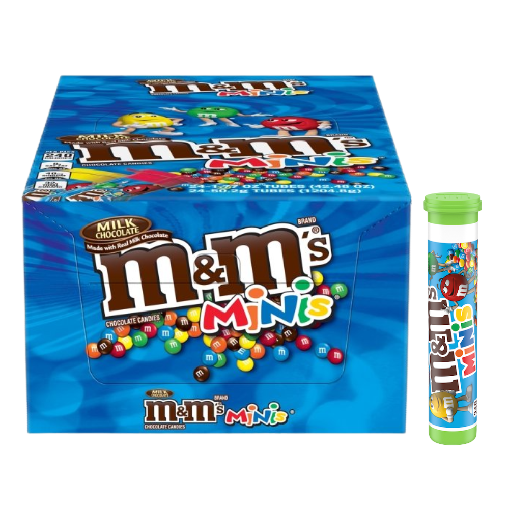 M&M's 24pk 1.77oz Minis Milk Chocolate Mega Tube Box (040000576525) Unit (040000476528)
