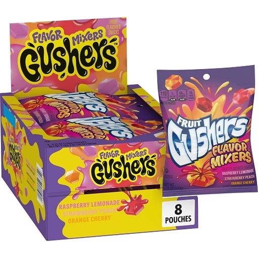 Gusher's 8pk 4.25oz Flavor Mixers Raspberry Lemonade - Strawberry Peach - Orange Cherry Box (016000493629) Unit (016000515284)